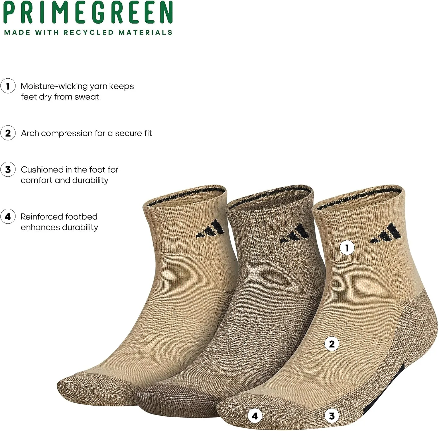 adidas Men's Socks, Athletic Cushioned Quarter 3-Pack, Compression, Moisture-Wicking, Comfortable, Durable