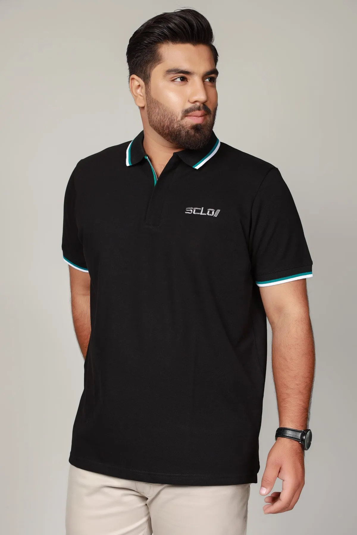 Black Zip-up Embroidered Polo Shirt (Plus Size) - A23 - MP0207P