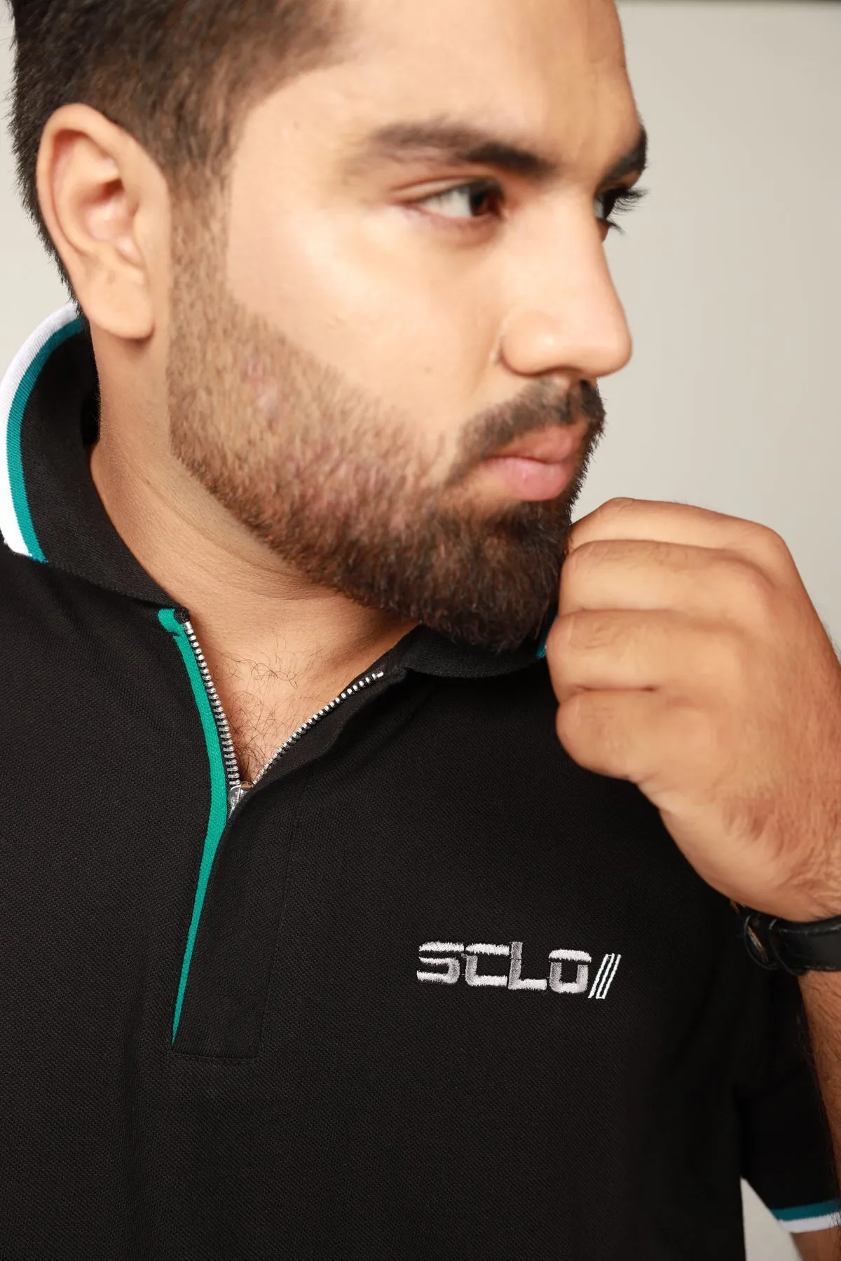 Black Zip-up Embroidered Polo Shirt (Plus Size) - A23 - MP0207P