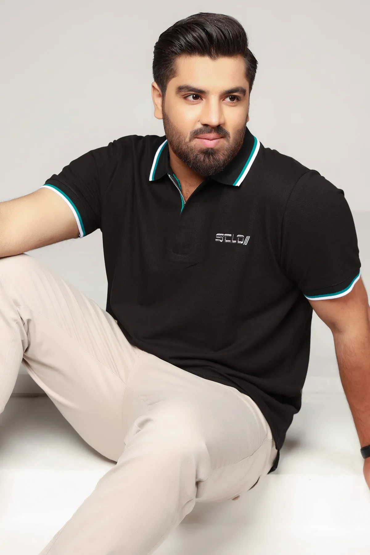 Black Zip-up Embroidered Polo Shirt (Plus Size) - A23 - MP0207P