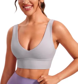 CRZ YOGA Butterluxe Womens V-Neck Longline Sports Bra - Wireless U-Shaped Open Back Yoga Low Impact Padded Crop Top