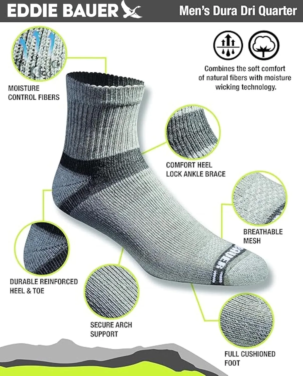 Eddie Bauer Men's Dura Dri Moisture Control 6-pair Quarter Socks