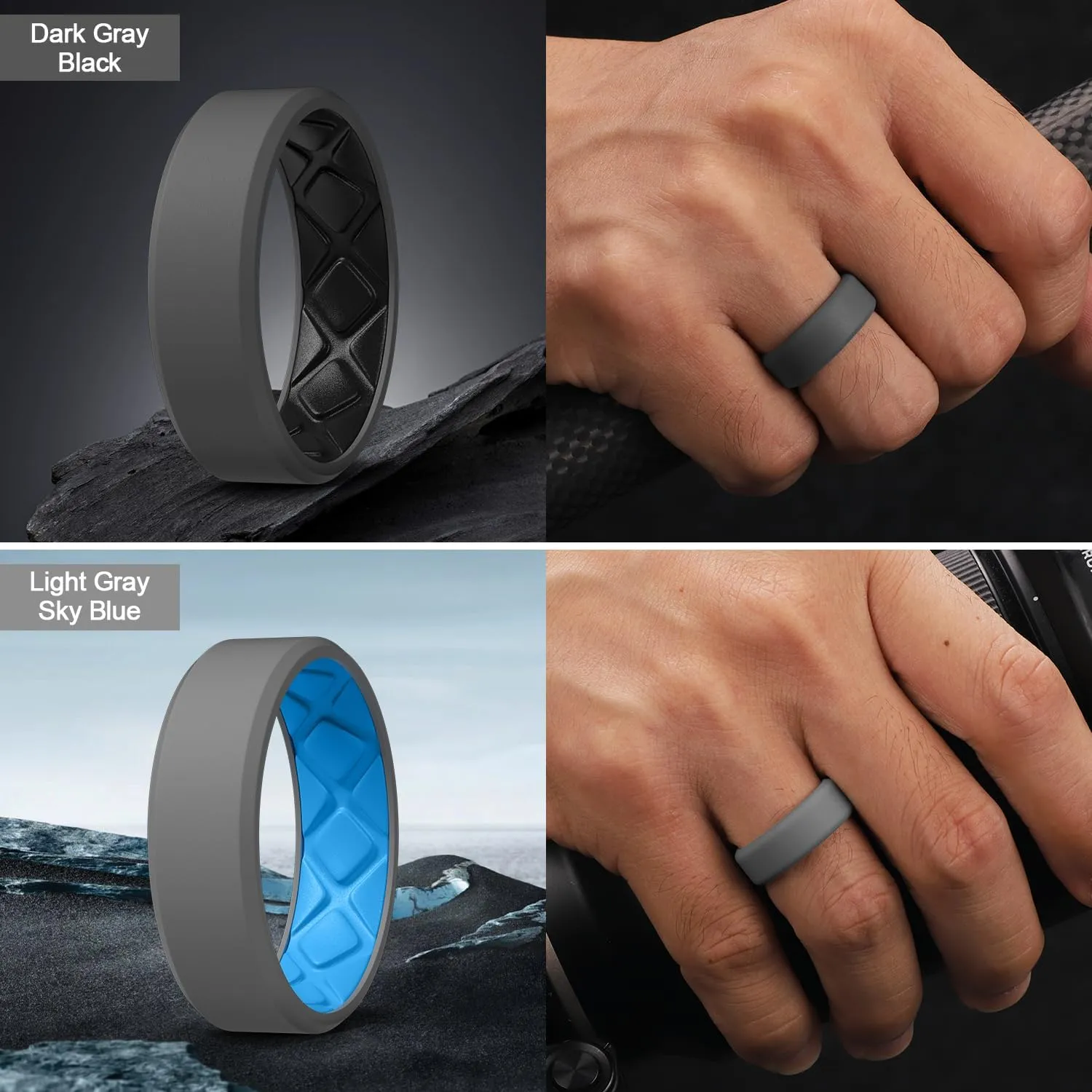 Egnaro Men's Silicone Rings, 7.5mm Wide 2.5mm Thick Rubber Bands For Him, Ergonomic Beveled Edge Two Tone Waterproof Workout Accessories