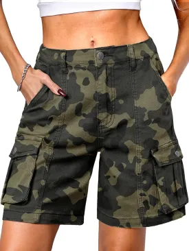ELLEVEN Bermuda Cargo Shorts Women, Elastic High Waist 6 Pockets Shorts 7 Inch Inseam Summer Jorts for Women Casual
