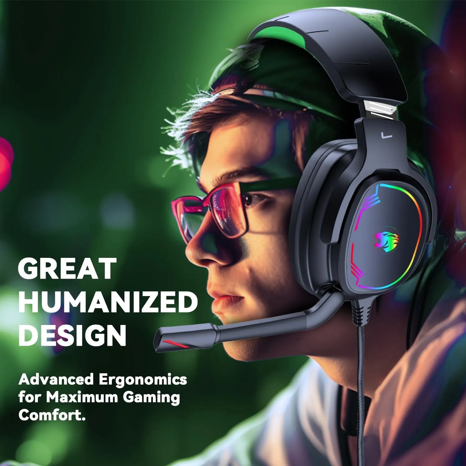 Gaming Headset for PC/PS4/PS5/Xbox One/Switch, Stereo Surround Sound Gaming Headphones with Noise Canceling Flexible Mic, Computer Headset with 3.5mm Jack & RGB Light(Green)