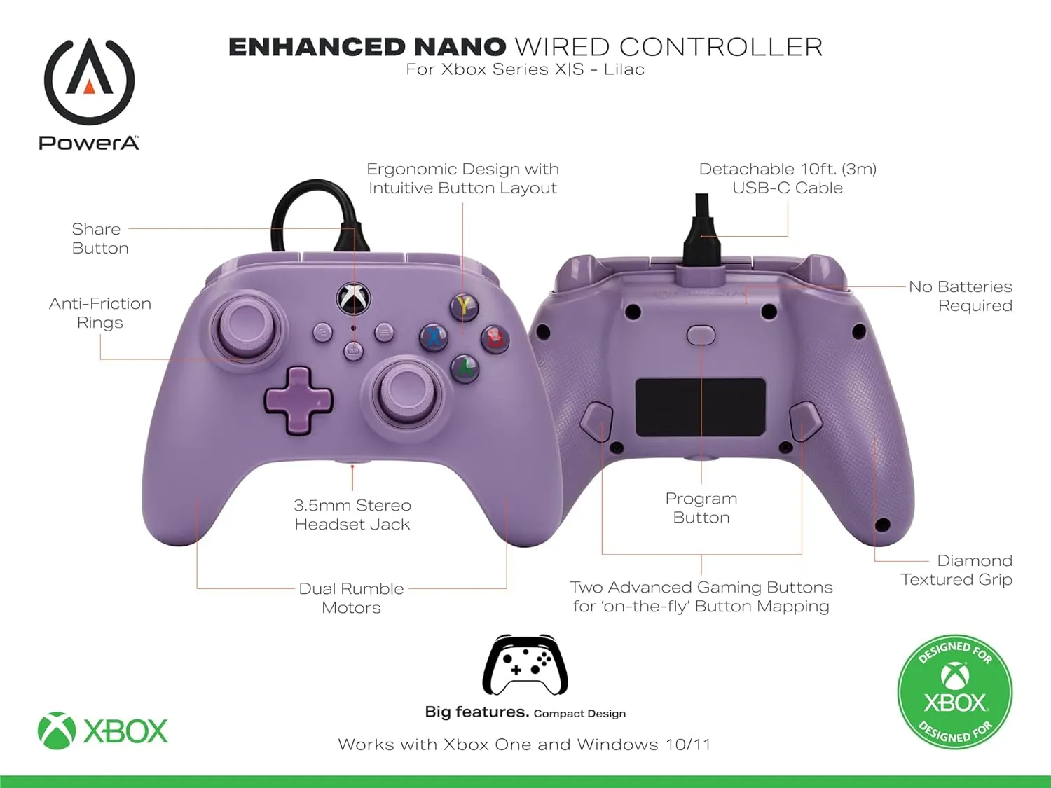 PowerA Nano Enhanced Wired Controller for Xbox Series X|S - Lilac, portable, compact, gamepad, video game, gaming controller, works with Xbox One and Windows 10/11