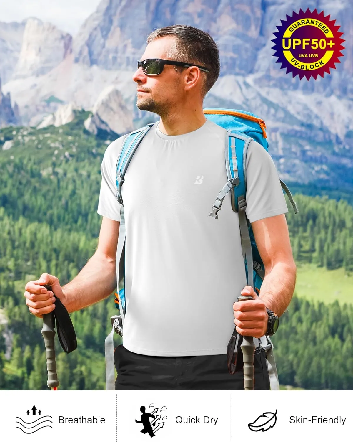Roadbox Men's Rash Guard Short Sleeve, UPF 50  UV Sun Protection Water T-Shirts, Cool Dry Swim Shirts for Surf Beach Fishing