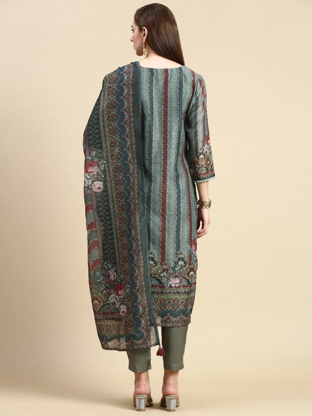 Women Floral Olive Straight Kurta Set with Dupatta