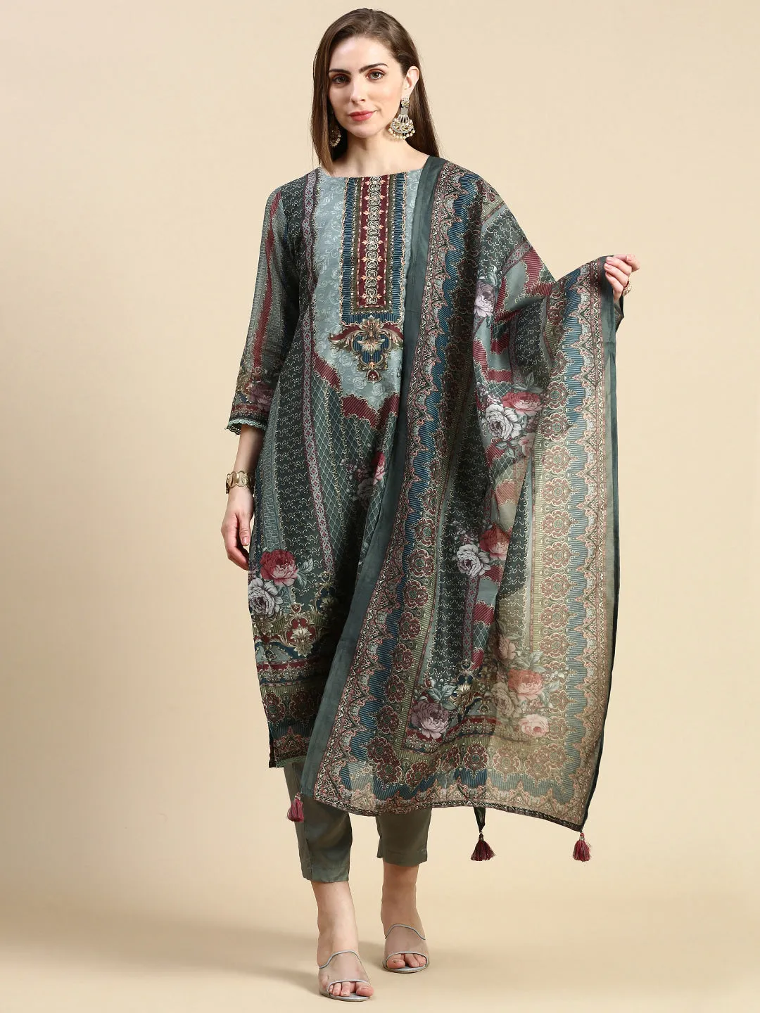 Women Floral Olive Straight Kurta Set with Dupatta